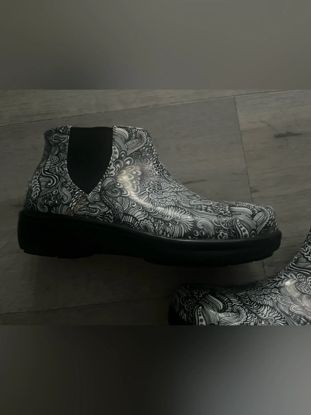 Alegria Black & White Patterned Ankle Rain Boots